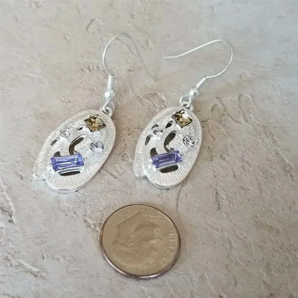 Sterling Silver Plated Oval Topaz Blue Clear Crystal Art Nouveau Dangle Earrings - Picture 5 of 5